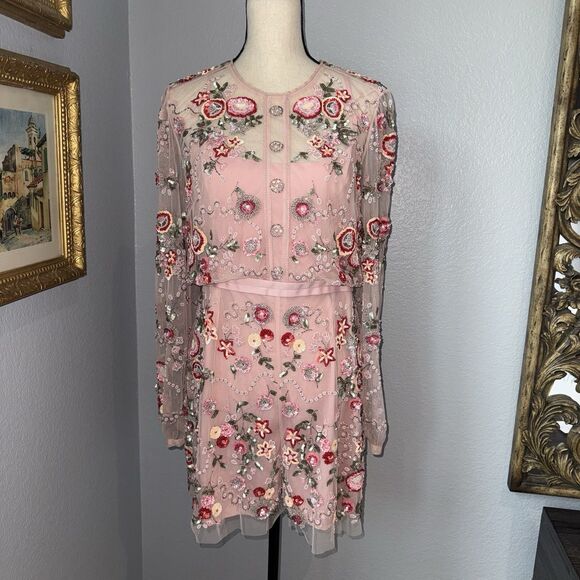 Needle & Thread Meadow Embellished Tulle Playsuit Floral Pink Beaded Romper Sz 6 - Picture 2 of 16